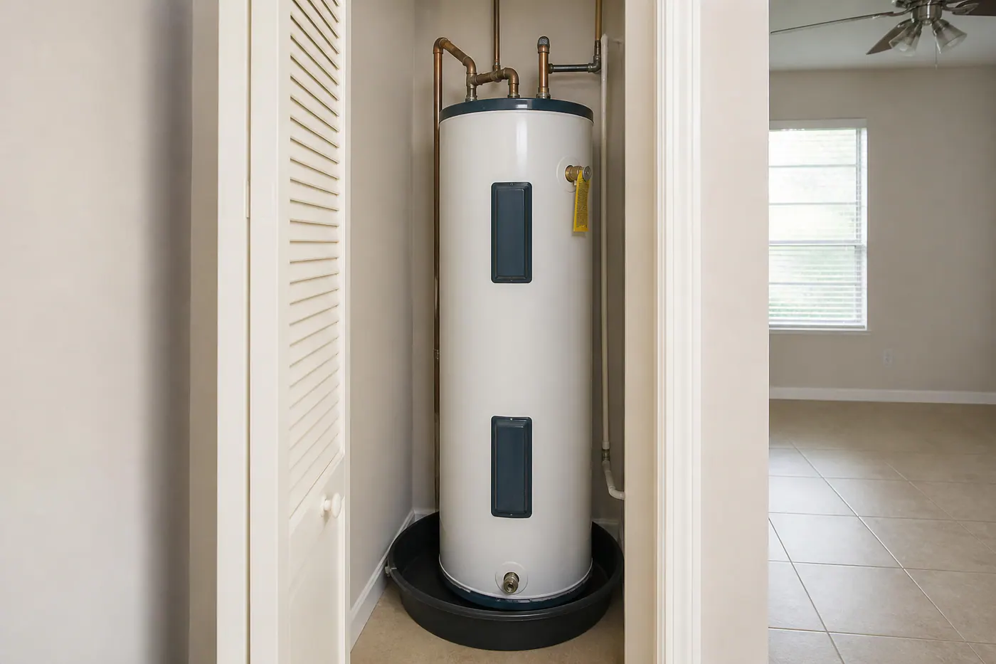 Tank water heater with temperature control in a utility closet
